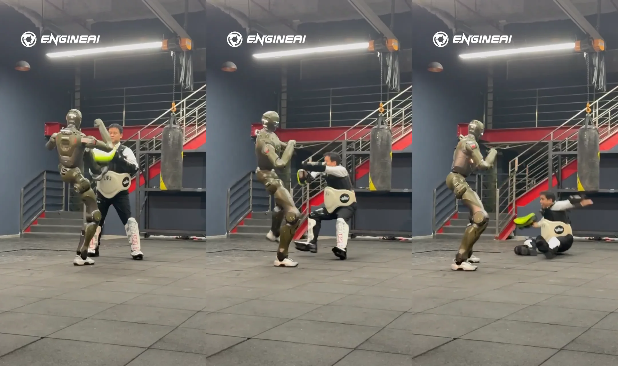 A three-frame sequence showing the EngineAI T800 robot sparring with the company's CEO. Left: The robot winds up for a strike. Center: The robot delivers a high side-kick to the CEO's protective chest gear. Right: The CEO is knocked backward onto the mat by the force of the impact.