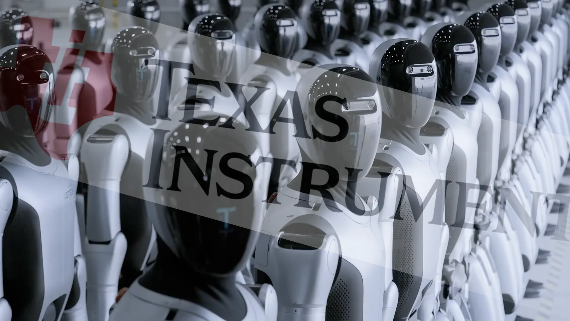 A digital composite image showing rows of silver and black UBTECH Walker S2 humanoid robots standing in formation, overlaid with the Texas Instruments logo and text.