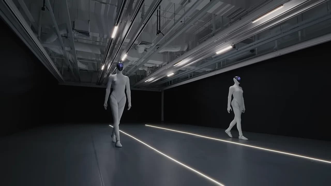 Two identical female-styled Xpeng Iron robots walking side-by-side in unison against a dark background. Both wear white bodysuits and display a fluid, synchronized walking motion.