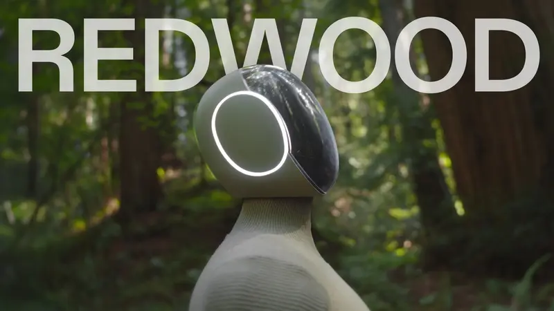 1X's NEO humanoid robot against a forest background with the word REDWOOD.