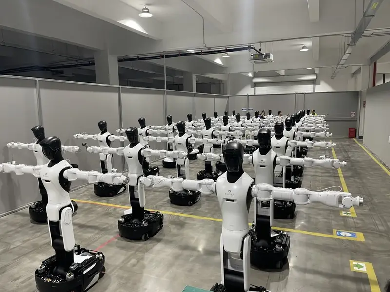 A room full of Agibot G2 robots