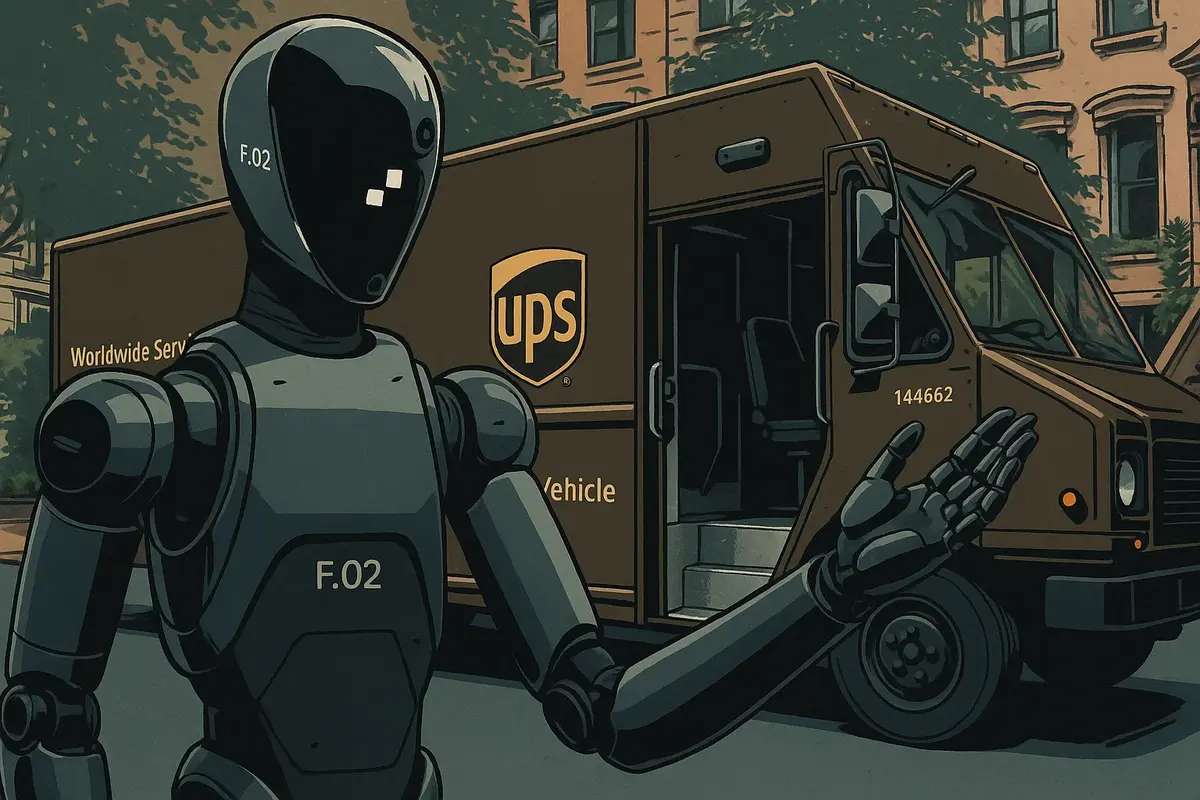 Illustration of a Figure robot standing in front of a UPS truck