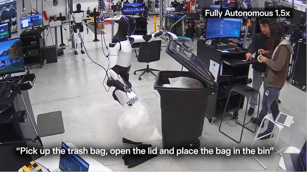 A still from a new video released by Tesla showing Optimus doing tasks autonomously