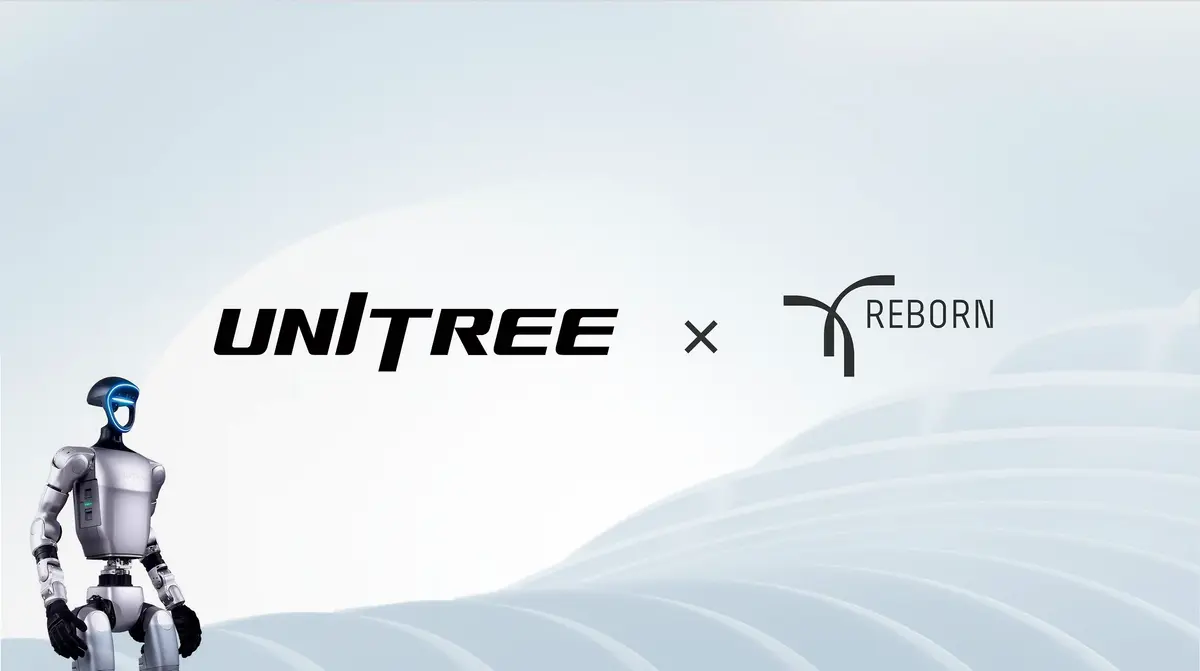 Graphic showing the logos of Reborn and Unitree and a G1 humanoid robot in the corner