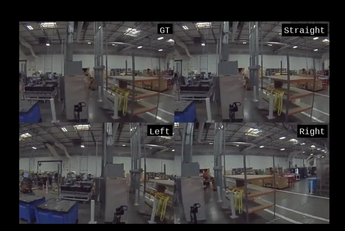 Screenshot showing four simultaneous video feeds from the perspective of an Optimus robot, displaying its navigation through a Tesla factory setting as part of a simulation.