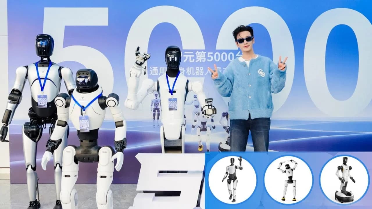 Actor Huang Xiaoming stands in front of a '5000' commemorative backdrop, making peace signs while flanked by three AgiBot humanoid robots of varying sizes. Three circular insets at the bottom show the Expedition A-Series, Lingxi X-Series, and Genie G-Series robots in different poses.