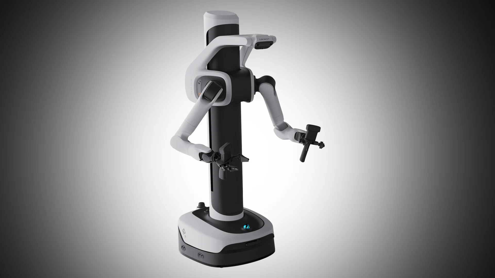 The AGIBOT G2 Air, a compact white and black mobile manipulator robot with a central pillar, two robotic arms, and an omnidirectional wheeled base, presented against a grey gradient background.