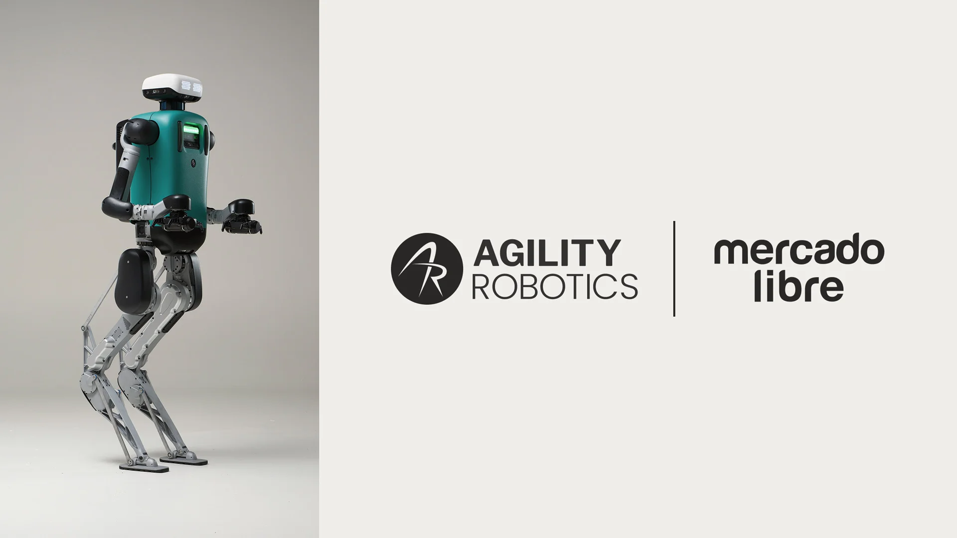 A promotional graphic featuring Agility Robotics' bipedal robot Digit standing on the left, next to a partnership logo lockup displaying 'Agility Robotics' and 'Mercado Libre' side-by-side.