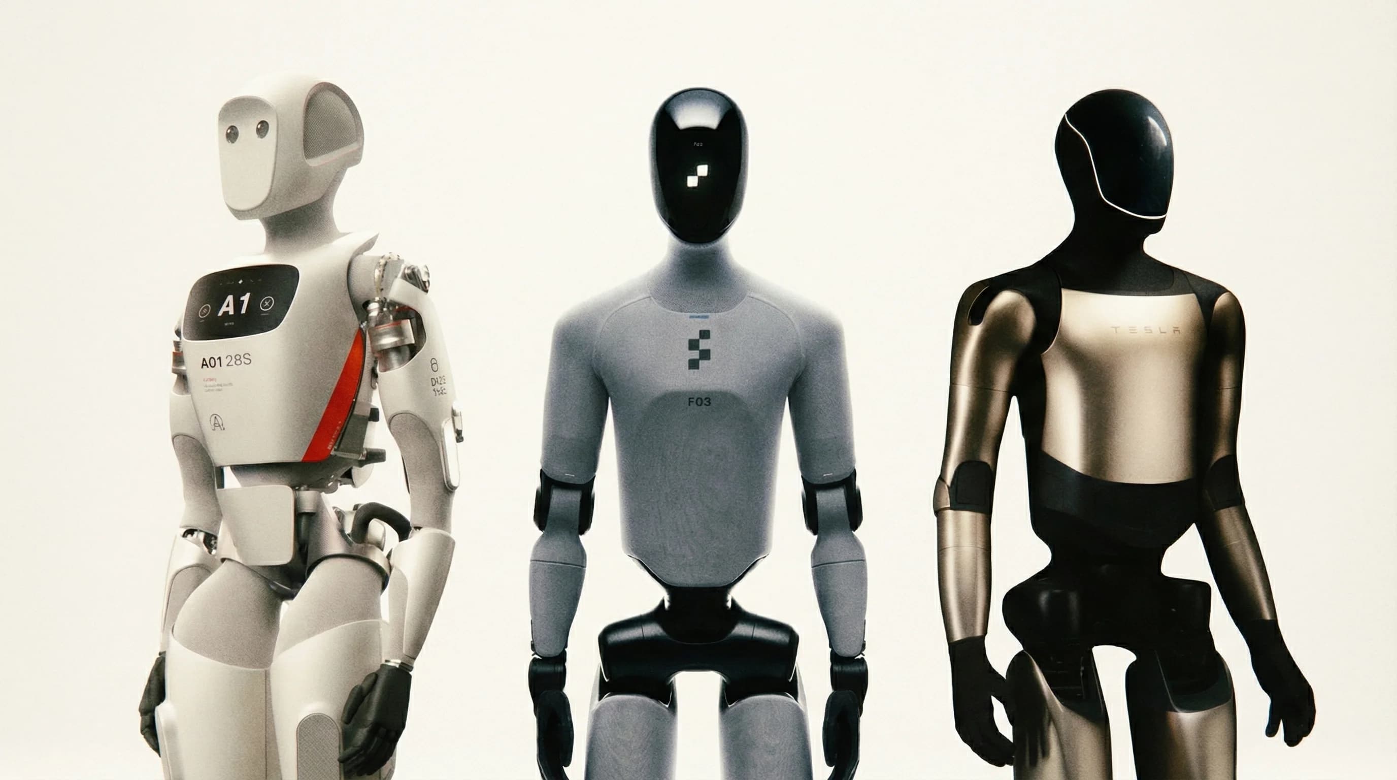 A composite studio image showing three American humanoid robots standing side-by-side against a plain white background. From left to right: the white and black Apptronik Apollo, the matte grey Figure 03 with a fabric-like finish and digital faceplate; and the sleek, black and metallic gold Tesla Optimus Gen 2.