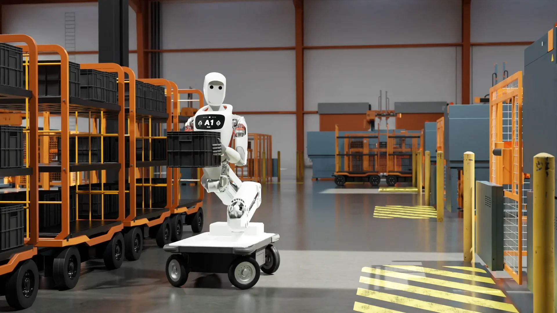 A white humanoid upper body with a robotic arm and head is mounted on a four-wheeled mobile platform in a warehouse. The robot is holding a black crate while positioned near industrial shelving and orange transport carts.