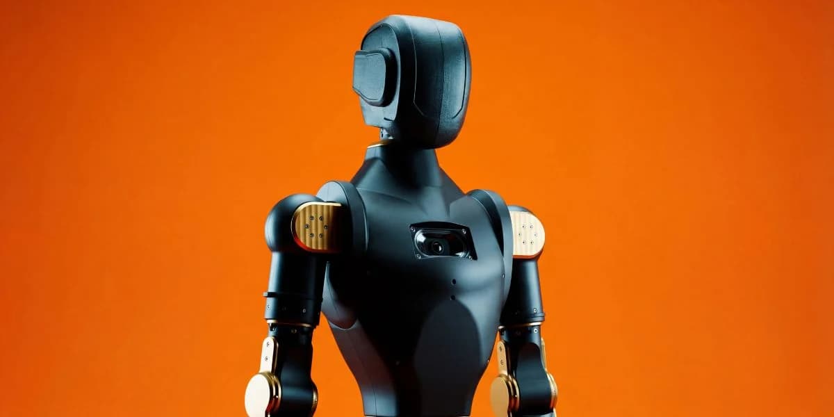 A waist-up studio shot of the Asimov v1 humanoid against a vibrant orange background. The robot features a matte black finish, copper-colored accents on the shoulder and elbow joints, and a visible monocular camera embedded in its chest.