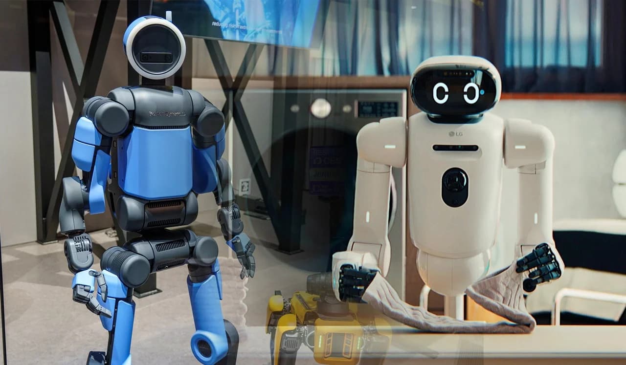 A side-by-side composite image showing two humanoid robots revealed at CES 2026. On the left is the blue and black all-electric Boston Dynamics Atlas, a humanoid robot with a ring-lit circular head and sleek industrial chassis. On the right is the white LG CLOiD robot, featuring a friendly digital face with glowing eyes on its visor, shown holding a piece of laundry in its multi-fingered hands.