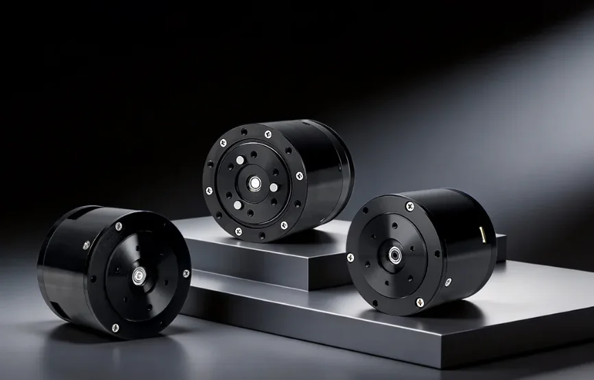 A professional display of three integrated black cylindrical robotic actuators (likely the CubeMars AK Series models: AK40-10, AK45-10, and AK45-36) arranged on stepped grey platforms under spotlights against a dark background, showing their distinct faces and mounting interfaces.