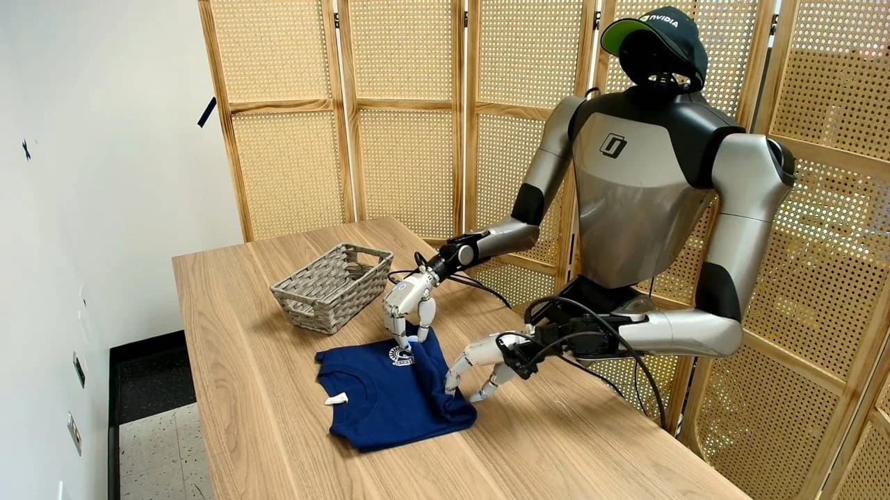 The Galaxea R1 Pro humanoid robot, wearing an NVIDIA cap, uses its dual 22-DoF Sharpa hands to fold a blue t-shirt on a wooden workbench next to a grey basket.