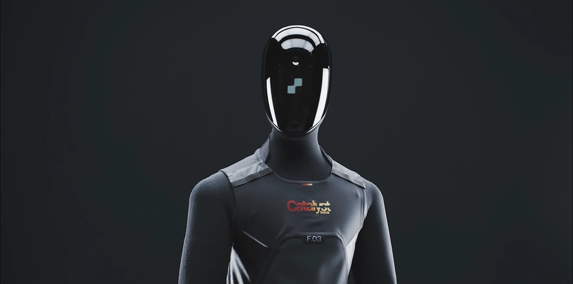 A Figure 03 humanoid robot shown from the chest up against a dark background. It features a glossy black faceplate and wears a dark grey torso casing displaying the red and gold Catalyst Brands logo on the chest, positioned just above an F.03 designation.