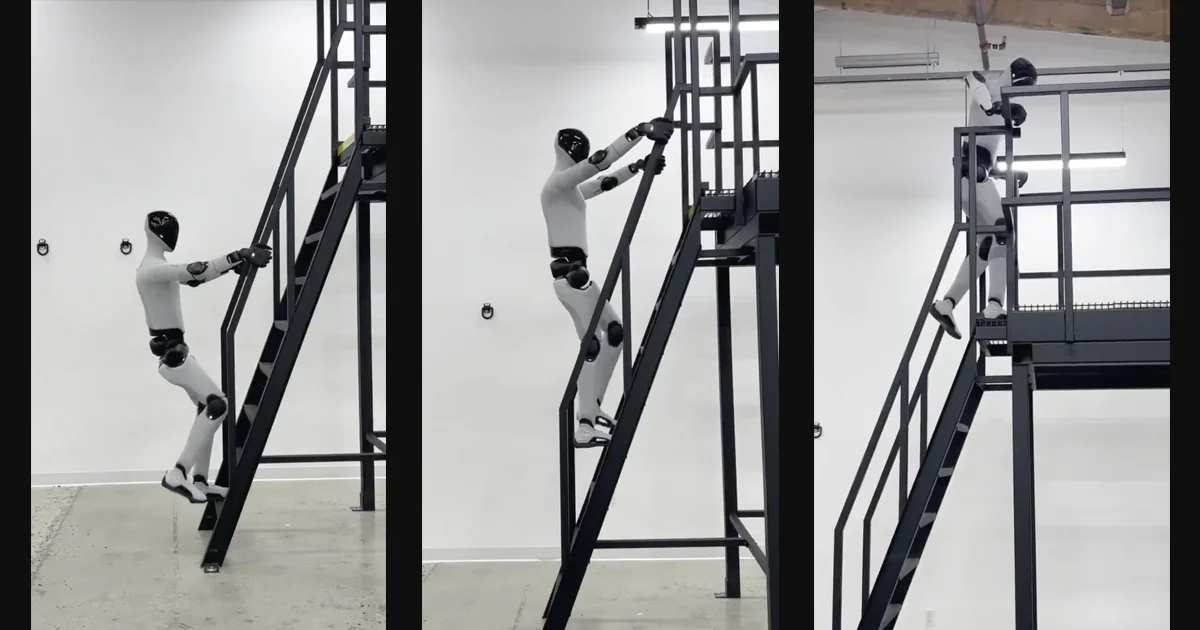 A three-panel composite showing a white Figure 03 humanoid robot climbing a steep, dark metal ladder leading up to an elevated industrial mezzanine platform.