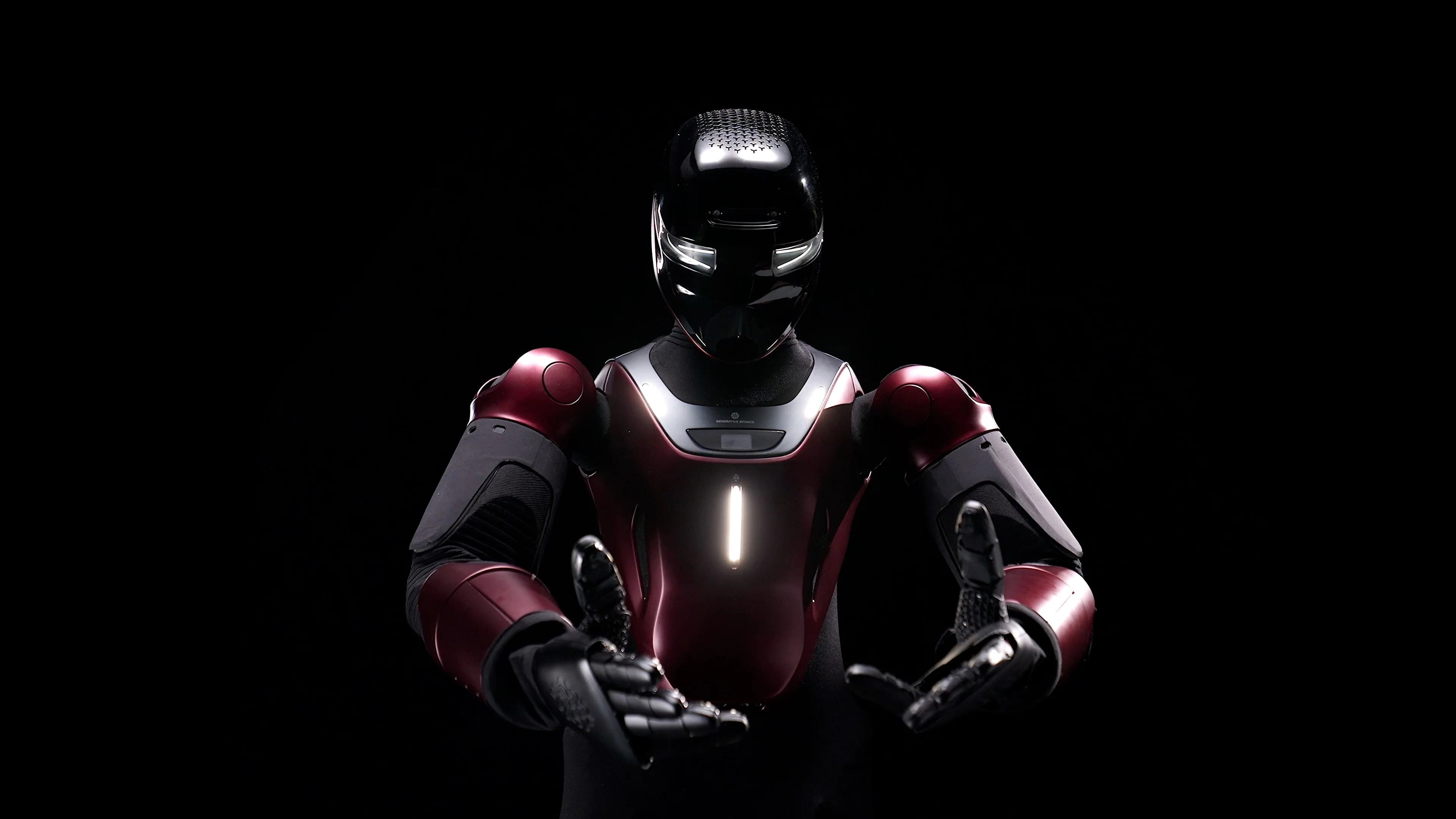 A close-up, mid-shot of the GENE.01 humanoid robot with its arms slightly outstretched. The robot's deep red and black upper torso is visible, highlighting a central vertical glowing strip on the chest and textured gripping surfaces on its hands.