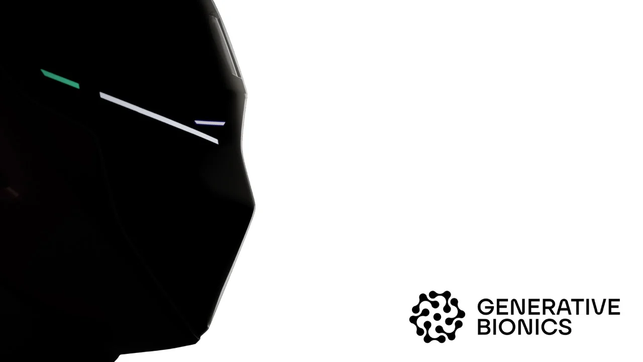 A dark, sleek silhouette of a robot's profile with a thin glowing light strip, next to the Generative Bionics logo.