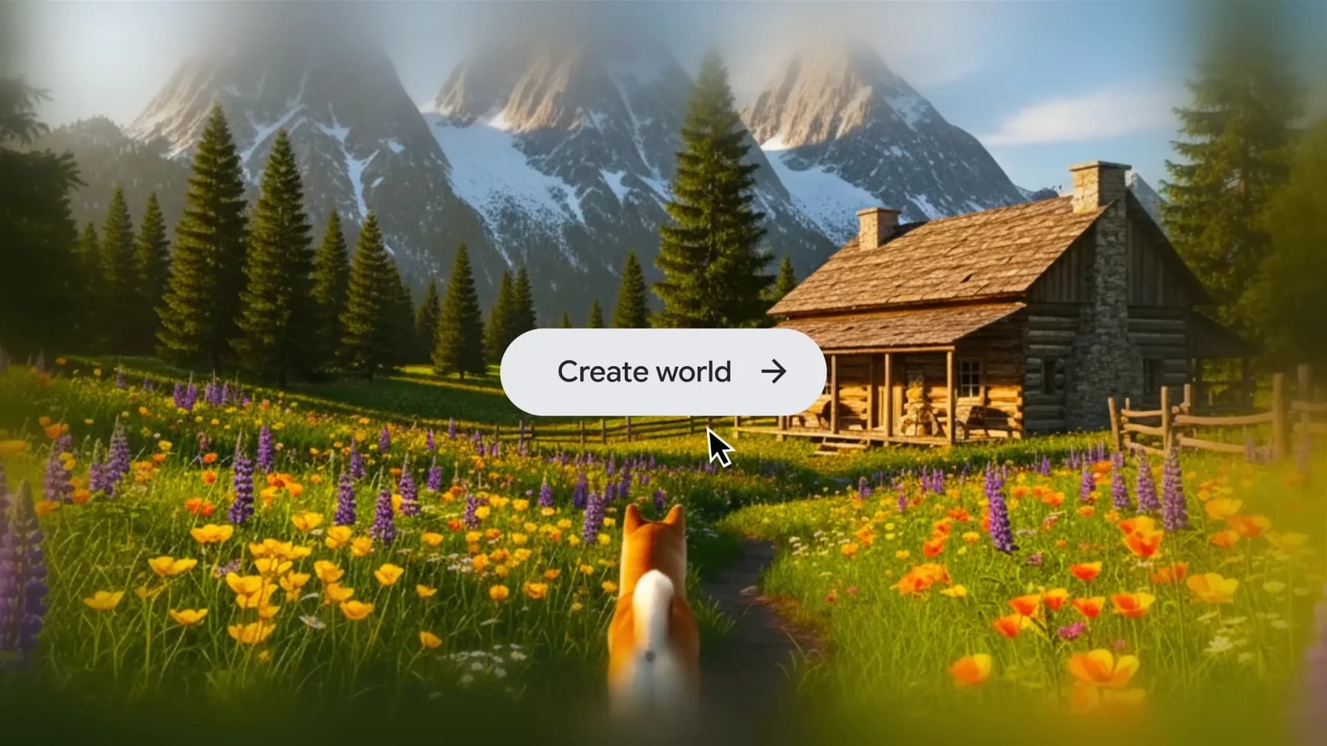 A third-person view of a Shiba Inu dog standing on a dirt path in a vibrant field of yellow and purple wildflowers. In the background, a rustic log cabin sits at the foot of towering, snow-capped mountains and evergreen forests. A prominent 'Create world' button with a right arrow icon is centered on the screen, indicating a user interface for Project Genie.