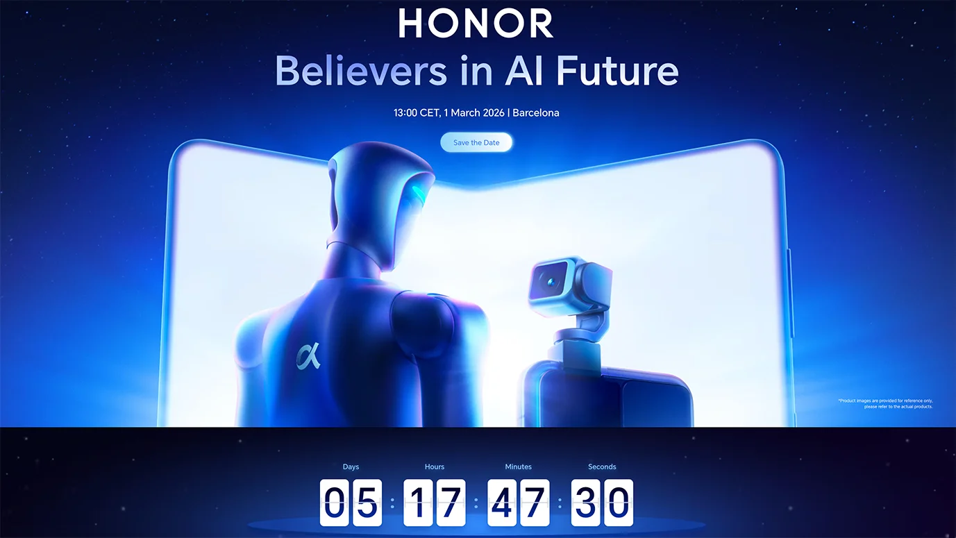 A promotional graphic for 'HONOR: Believers in AI Future' featuring a humanoid robot facing a smartphone with a gimbal camera, set against a glowing blue background with a countdown timer showing 5 days remaining.