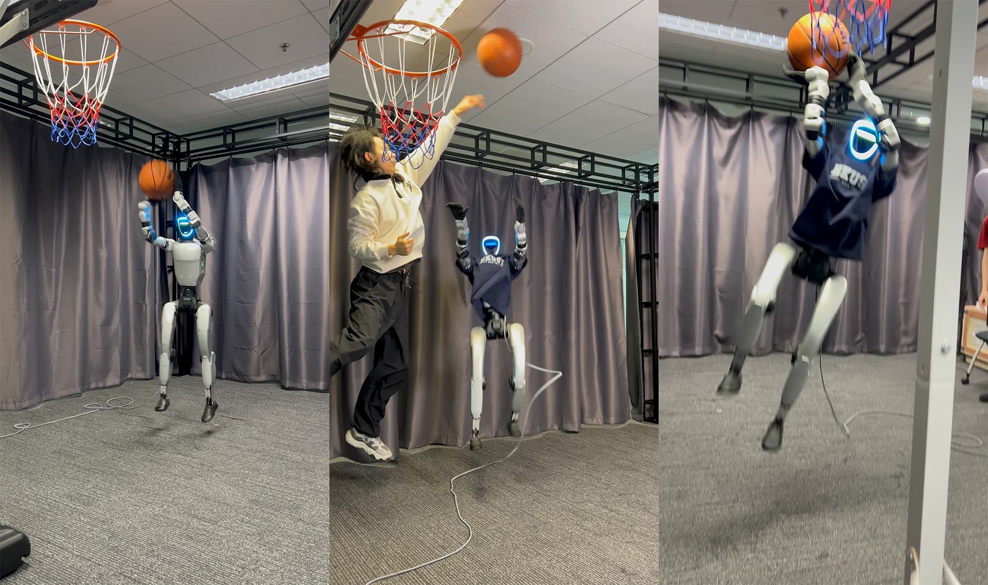 Three vertical panels showing a Unitree G1 humanoid robot performing complex basketball maneuvers: left, a mid-air jumpshot; center, jumping to defend against a human player; and right, executing a layup into a basketball hoop.
