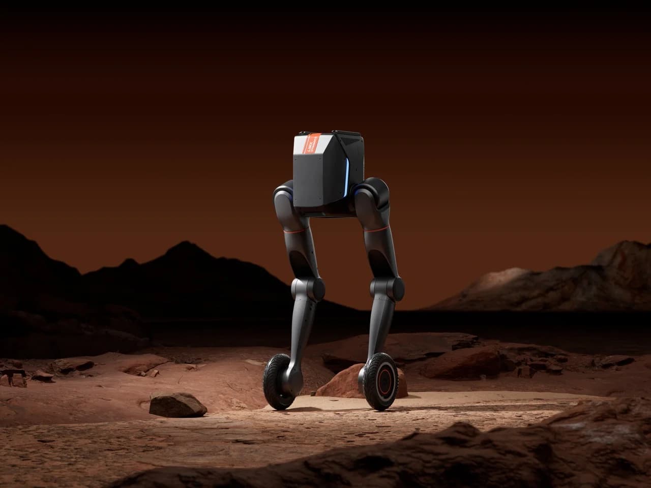 The lower body of the TRON 2 robot in its wheeled-leg configuration, standing on reddish, Mars-like terrain with wheels at the end of its articulated legs.