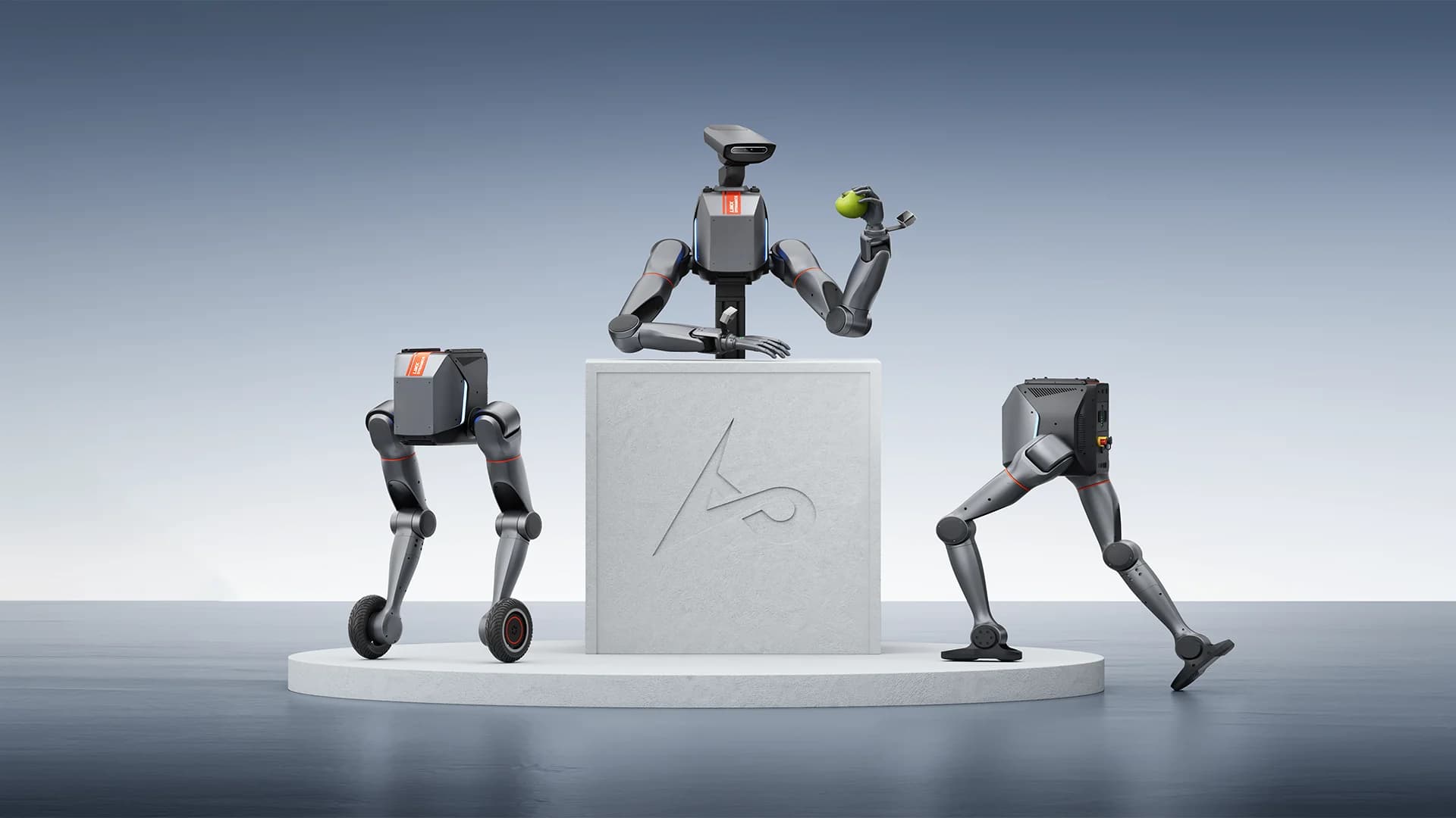 A studio shot showing the modular components of the LimX Dynamics TRON 2: a central upper body with dual arms holding a green apple, flanked by a wheeled-leg chassis on the left and a bipedal leg chassis on the right.