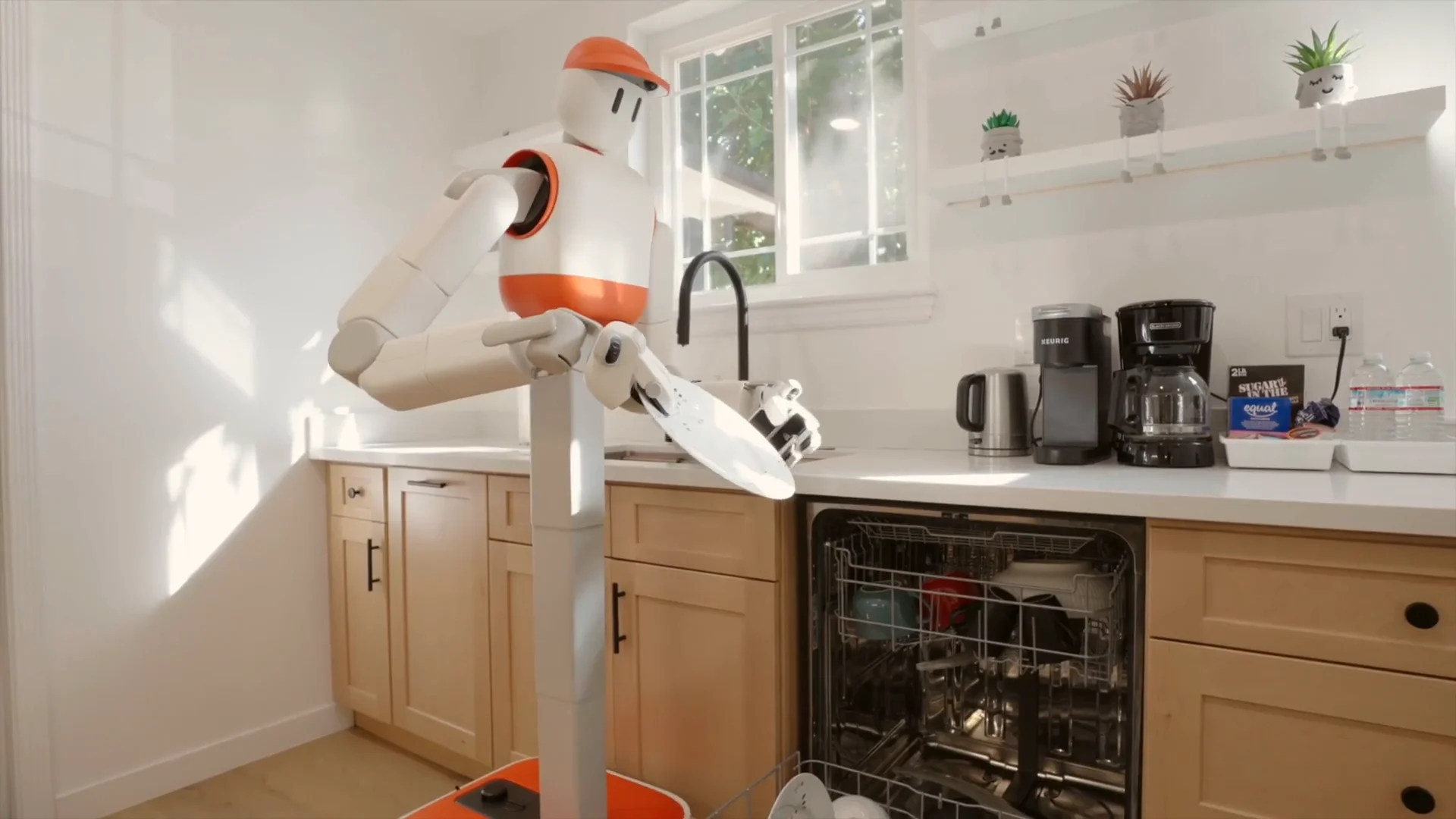 The white, wheeled Sunday Memo robot reaches across a wooden dining table with its pincer gripper to retrieve dirty dishes, showcasing its telescoping vertical lift.