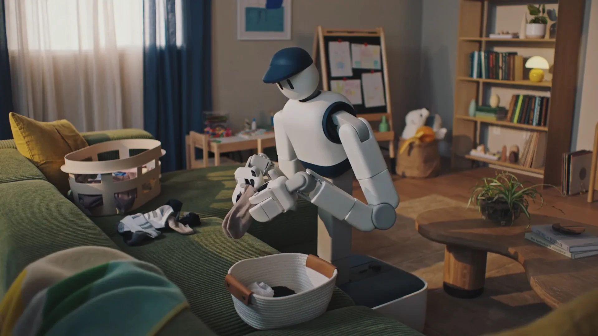 The Sunday Memo robot, a white machine with a wheeled base, telescoping torso, and a blue baseball cap, uses its pincer-style grippers to sort laundry on a green couch in a sunlit living room.