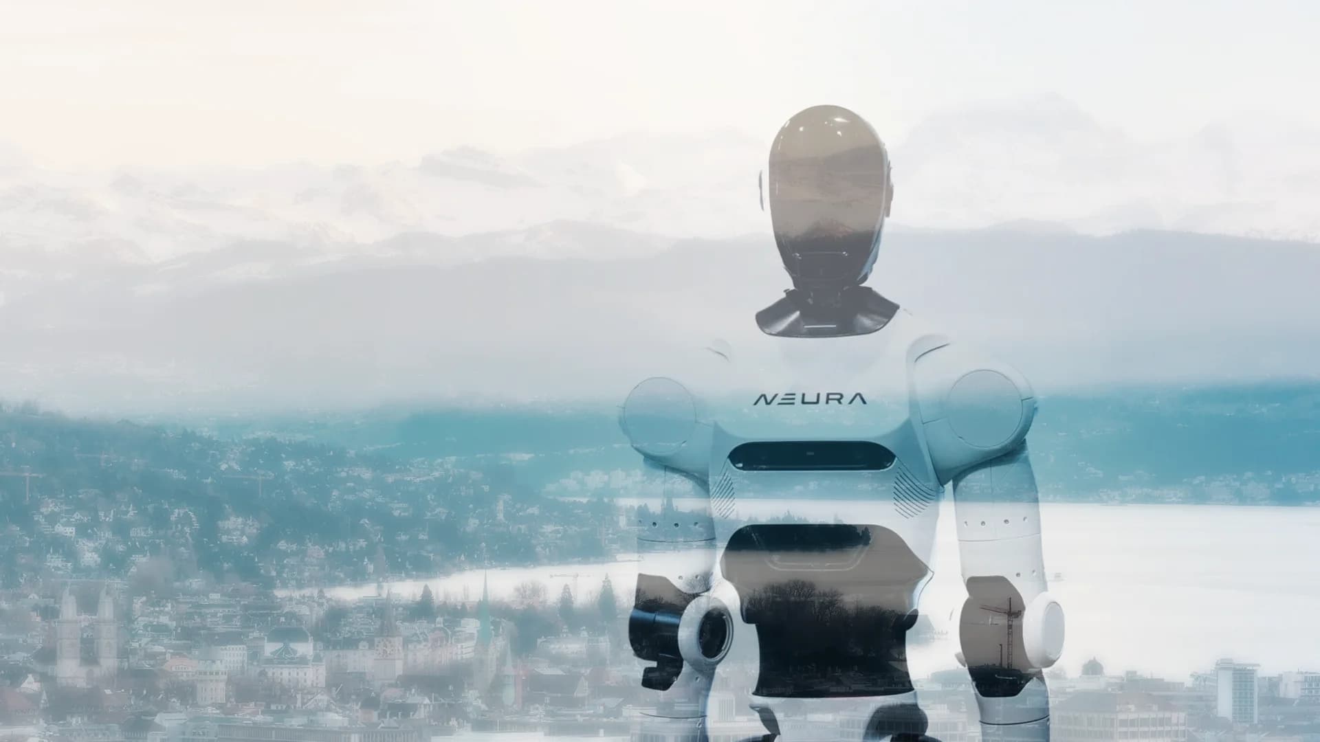 A collage of a semi-transparent Neura Robotics 4NE-1 humanoid robot standing with the Swiss Alps visible in the background.