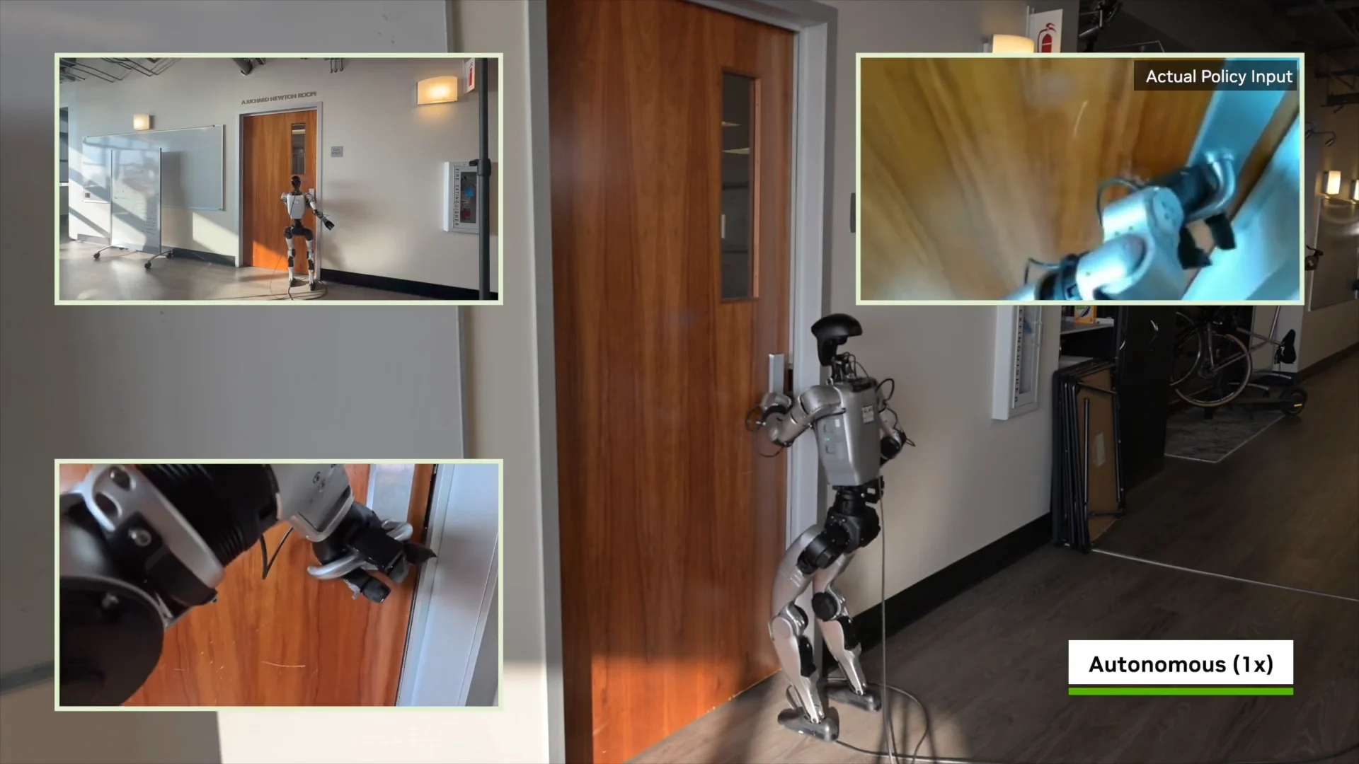 A composite image showing a silver Unitree G1 humanoid robot autonomously opening a wooden door in an office hallway. The main view shows the robot standing on two legs grasping the handle. Insets show a wide angle of the hallway, a close-up of the three-fingered mechanical hand on the lever, and the "Actual Policy Input" displaying the robot's raw, motion-blurred first-person camera feed.