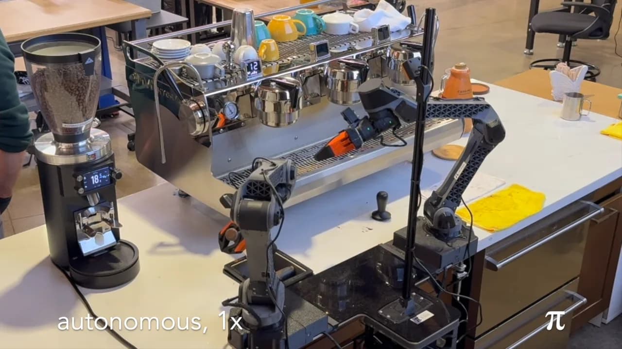 Two dark gray robotic arms with orange-tipped grippers positioned in front of a shiny commercial espresso machine and a coffee grinder on a white countertop. The text 'autonomous, 1x' is visible in the bottom left corner, alongside the Pi logo in the bottom right.