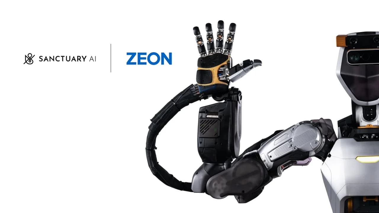 The logos for Sanctuary AI and Zeon Corporation positioned next to the upper torso of a Sanctuary AI humanoid robot, which is raising its highly articulated right hand with the palm facing forward.