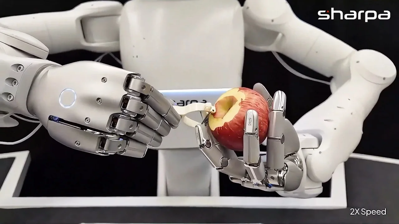 The SharpaNorth humanoid robot positioned over a table with an apple and a peeler, prepared to begin its bimanual manipulation task.