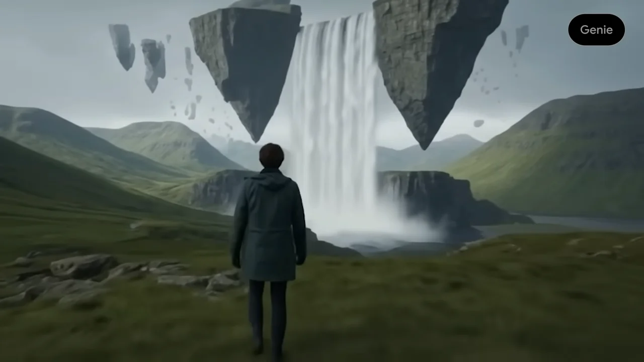 A back-view of a person walking through a green valley toward a massive waterfall flowing between two large, floating rock formations, demonstrating the interactive environments created by the Genie world model.