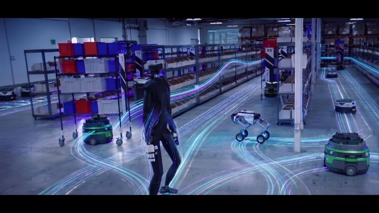 A futuristic warehouse scene where a central humanoid figure in a black suit is surrounded by various robot "embodiments," including several autonomous mobile robots (AMRs) and a wheeled quadruped. Glowing cyan and magenta data lines flow across the floor and shelves, connecting the different machines to represent unified orchestration.