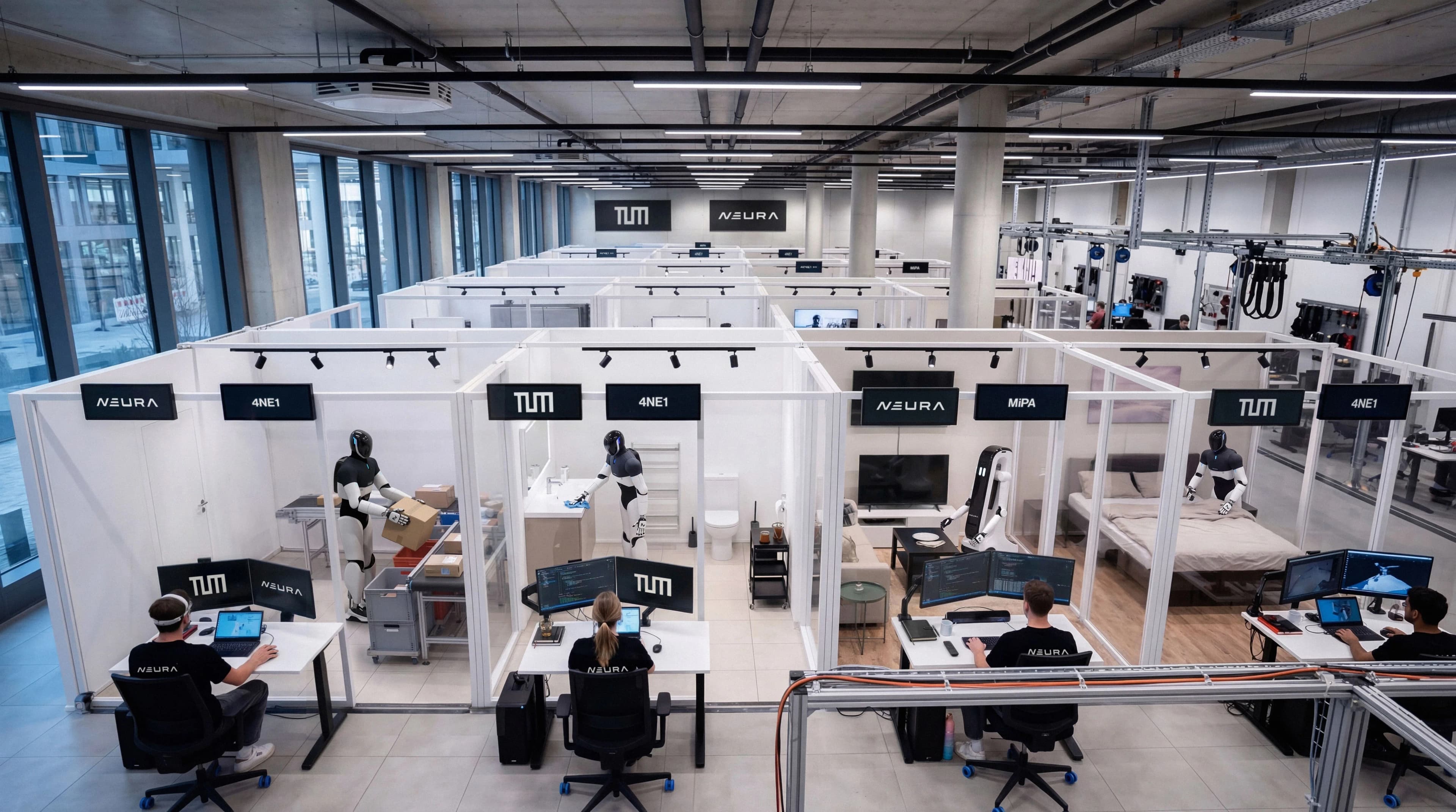 A high-angle view of the TUM RoboGym research facility at Munich Airport. The large industrial space is partitioned into several glass-walled booths where NEURA Robotics' 4NE-1 humanoid and MiPA service robots perform tasks in simulated environments, including a warehouse, bathroom, living room, and bedroom. In the foreground, four researchers in NEURA-branded shirts sit at desks, monitoring the robots' progress on multiple computer screens.