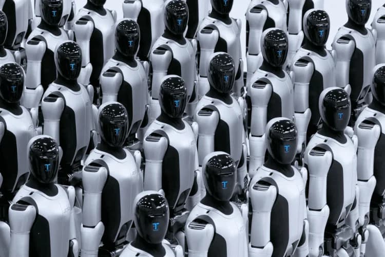 Dozens of silver and black UBTECH Walker S2 humanoid robots stand in a dense, uniform formation. Each unit features a white and black chassis with a glowing blue icon centered on a reflective black faceplate.