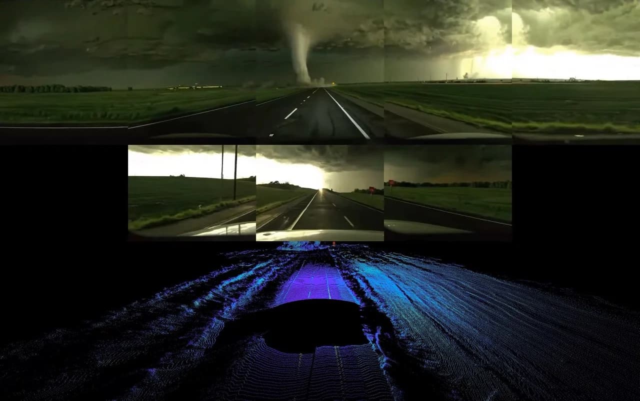 A multi-pane view of a Waymo simulation showing a vehicle approaching a large tornado on a highway, with corresponding lidar point cloud data displayed below.