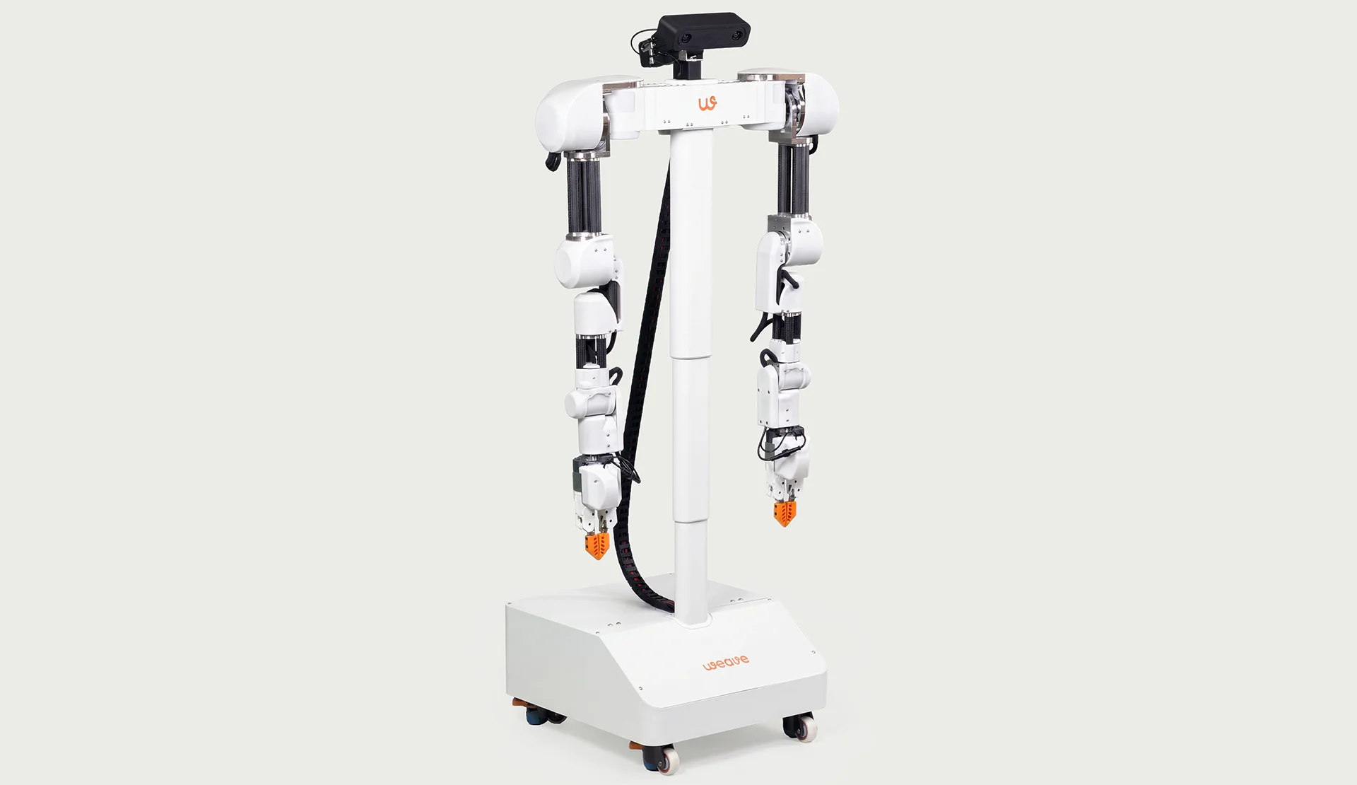 A studio product shot of the white Isaac robot with its dual arms, sensors, and compact wheeled base against a plain grey background.
