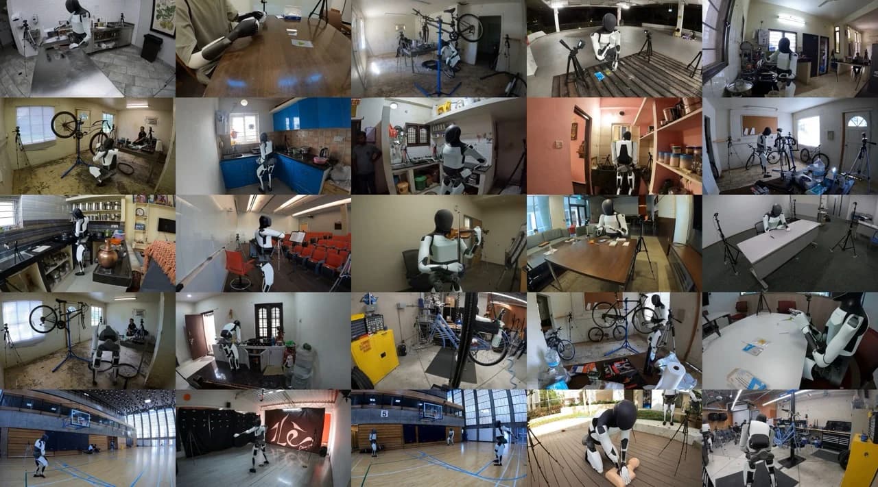 A grid of video frames showing a humanoid robot resembling Tesla Optimus performing various tasks. Scenes include the robot repairing bicycles in a workshop, cooking in a kitchen, playing the violin, sitting at a conference table, and standing on a basketball court.