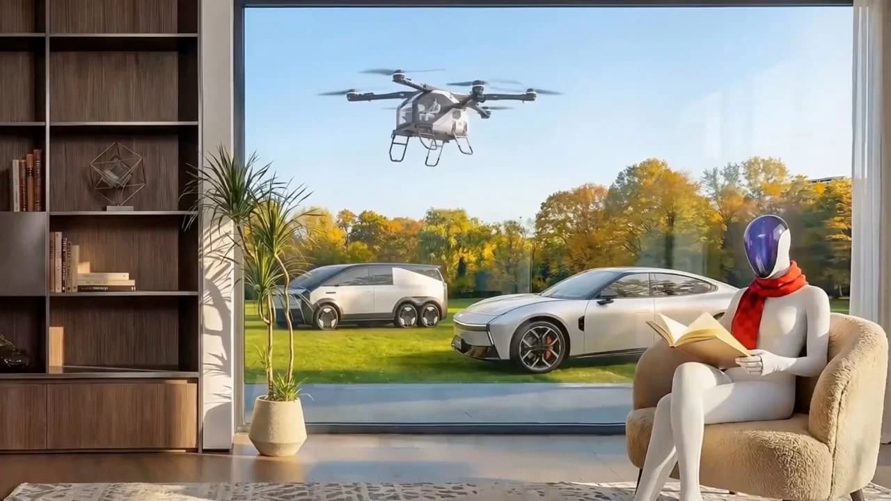 A white XPENG Iron humanoid robot with a mirrored blue faceplate and a red scarf sits in a plush armchair indoors, reading a book. Outside a large window, a lush green lawn features two XPENG vehicles and a white multi-rotor flying car hovering in the air.